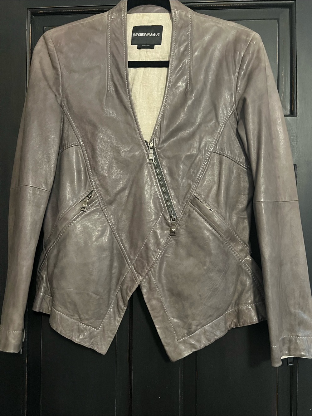 Emporio Armani Gray Lambskin Asymmetrical Zip Jacket